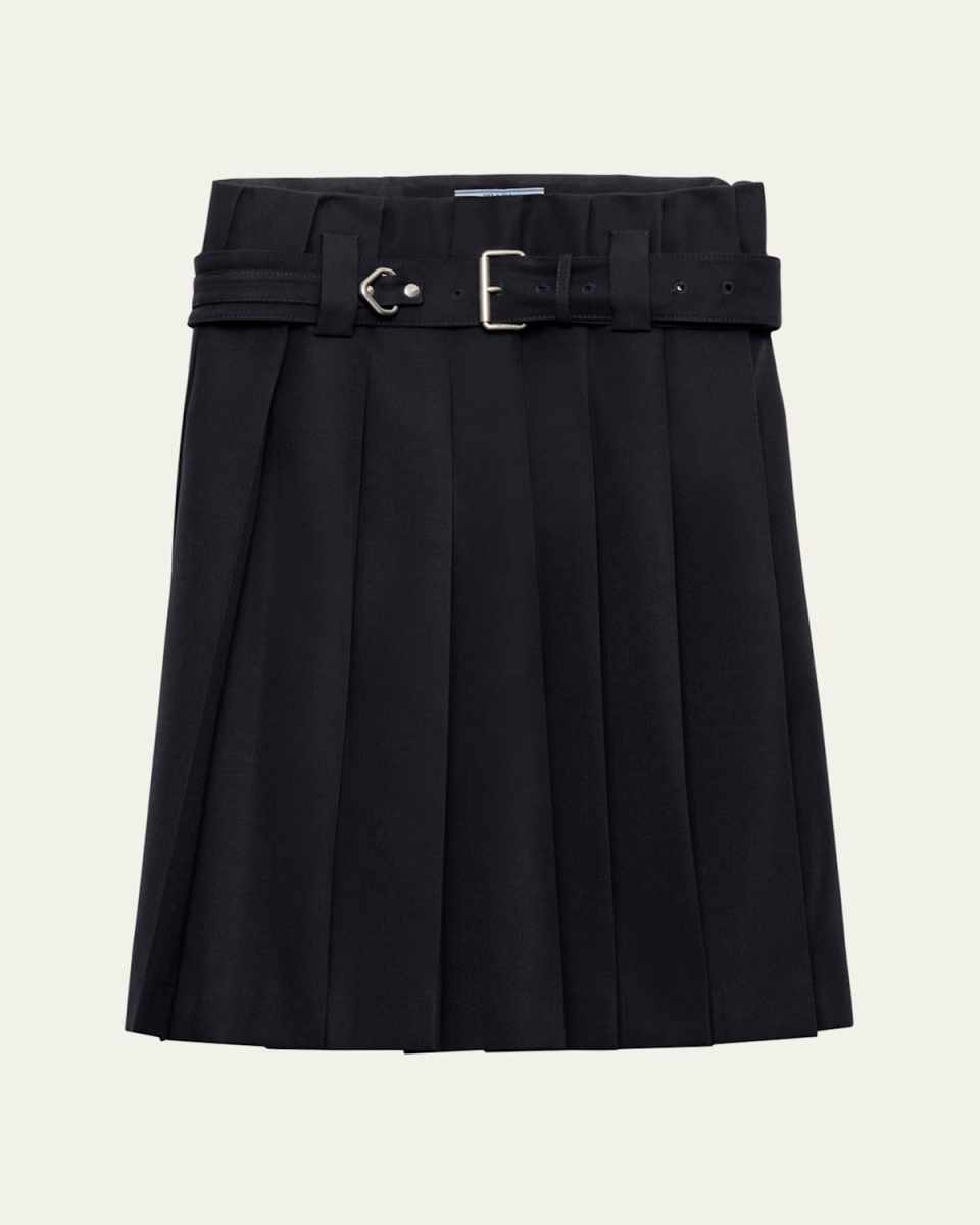 Pleated Wool Belted Skirt